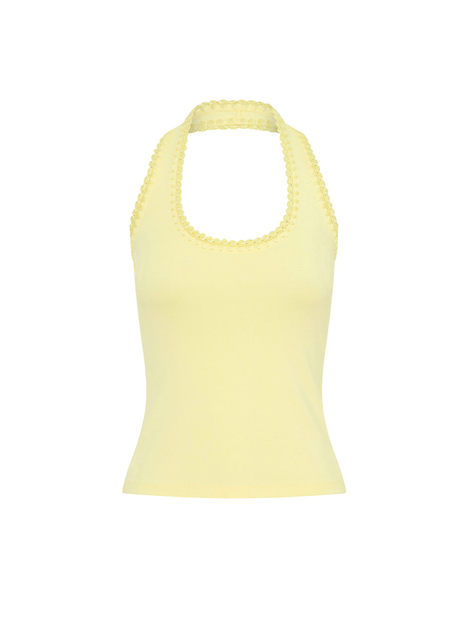 Rhea Halter Top in Butter yellow, halter-neck tank top with scalloped trim at neckline and armholes