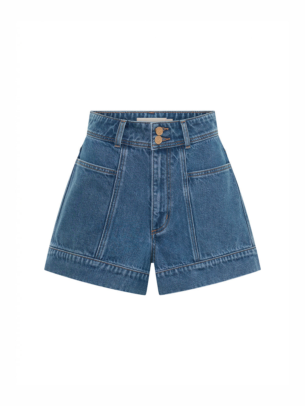 KIVARI Rita Denim Shorts in Blue – high-waisted denim shorts, flat lay product photo