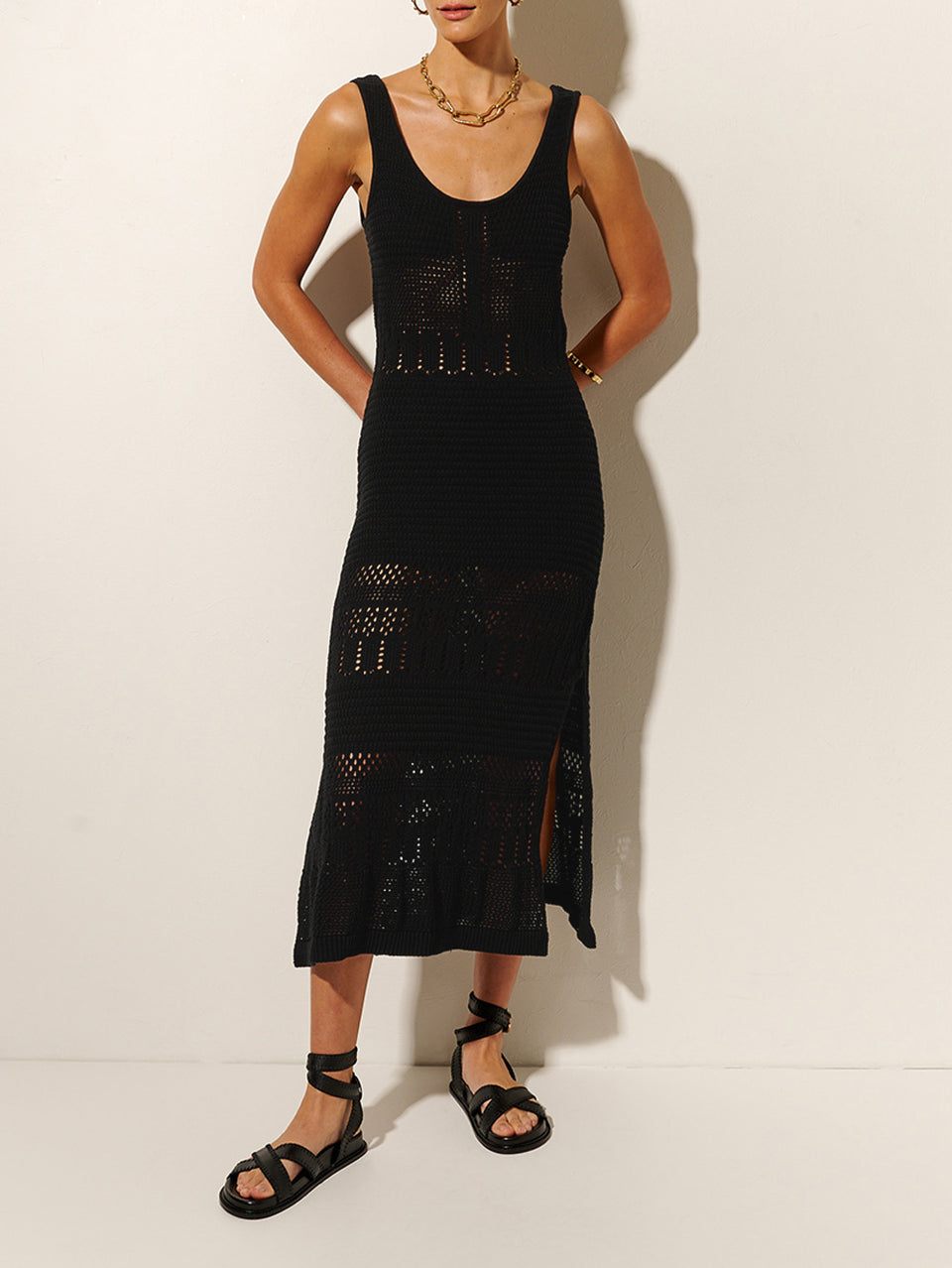 Riza Crochet Midi Dress KIVARI | Model wears black crochet midi dress