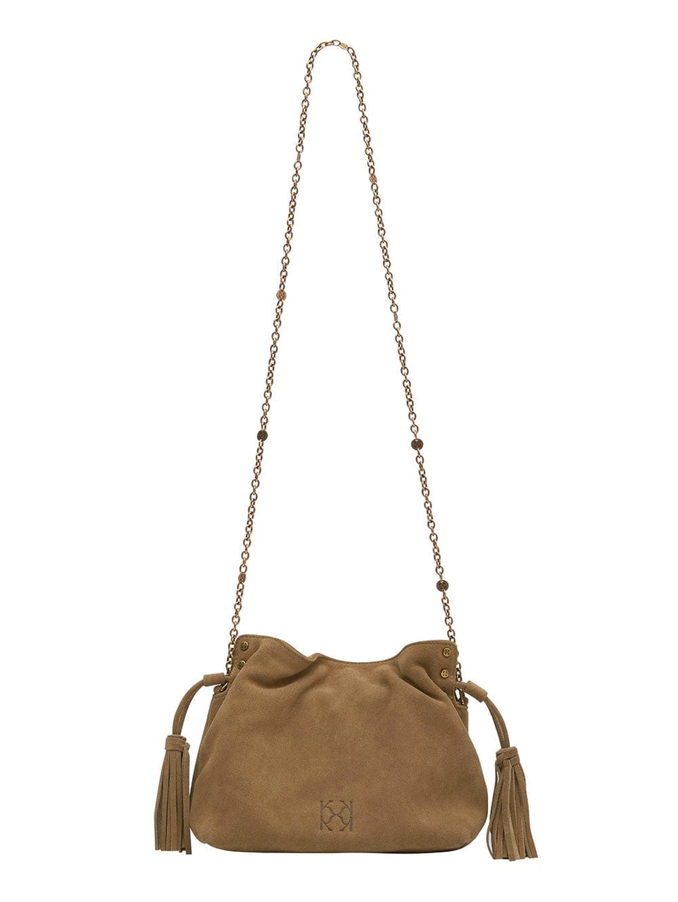 KIVARI Rosie Crossbody Bag in brown in gold chain and tassles