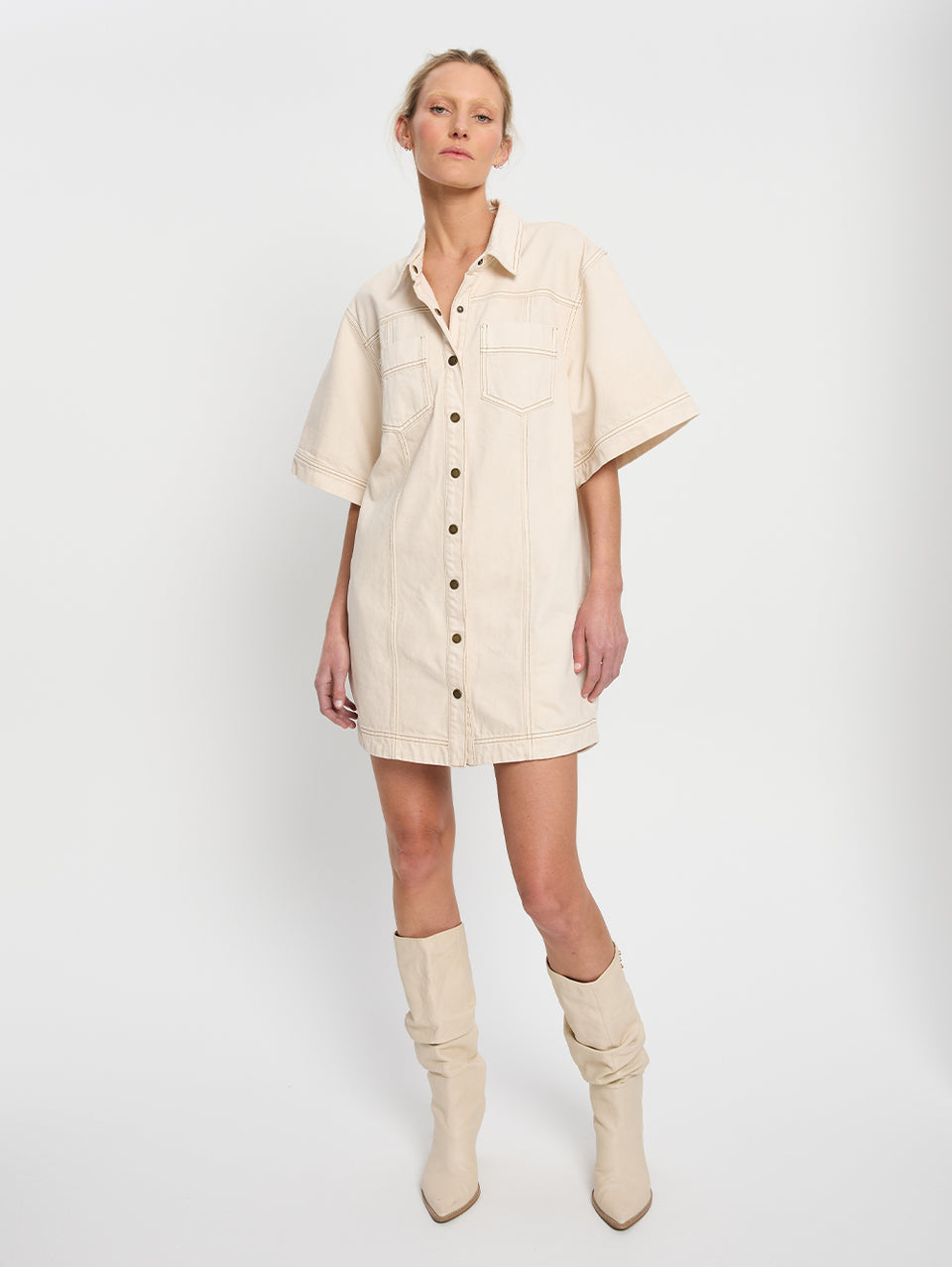 Rowyn Denim Shirt Dress - Cream | KIVARI Rowyn Denim Shirt Dress - Cream | KIVARI