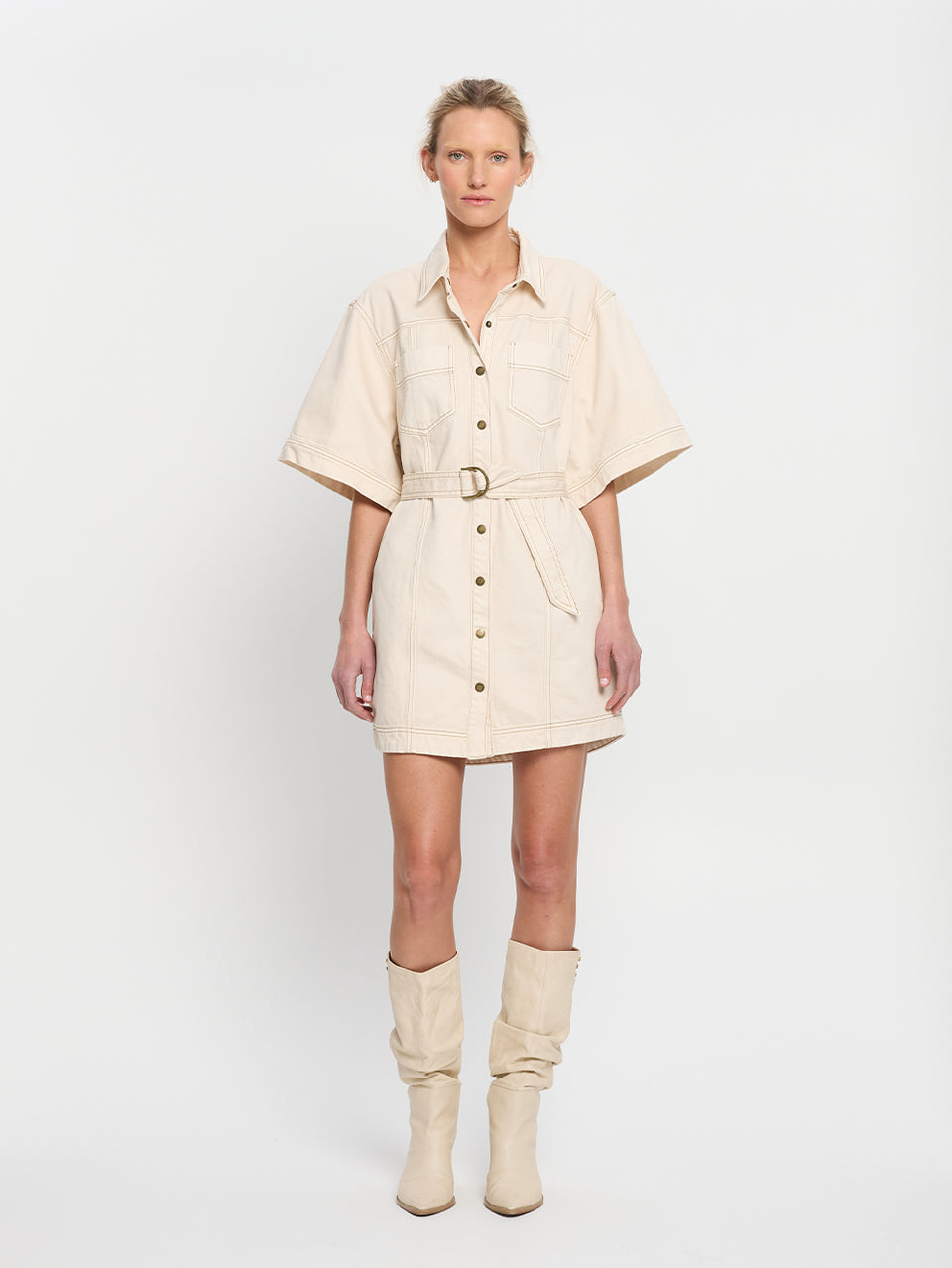 beige denim shirt dress OPEN-COLLAR DENIM SHIRT DRESS - BEIGE