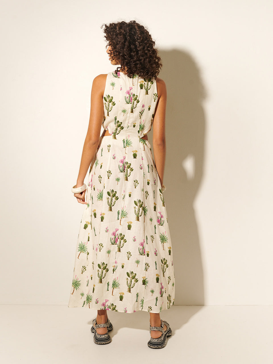 Saguaro Cut Out Maxi Dress KIVARI | Model wears cactus print maxi dress back view