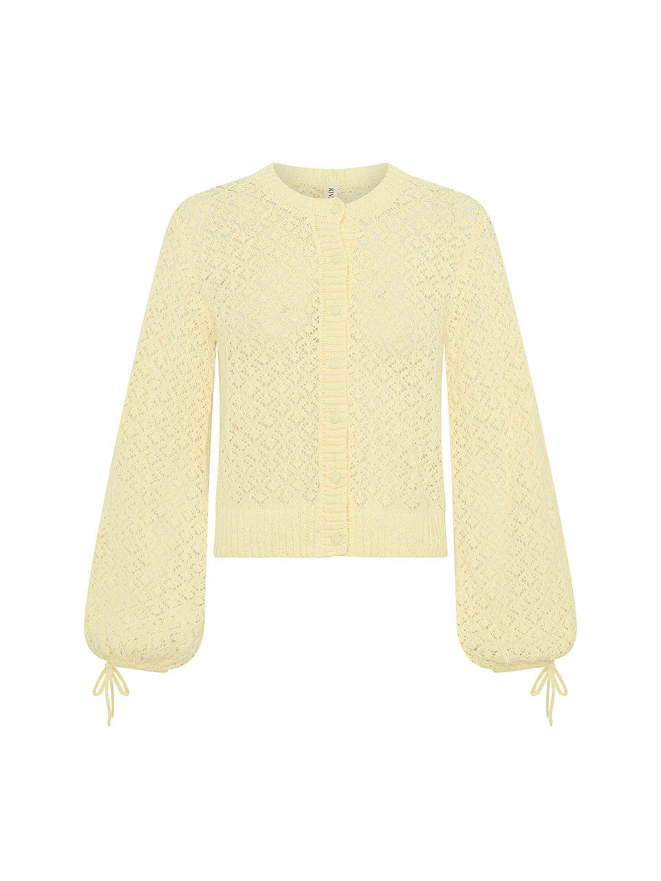 Sally Knit Cardigan in Butter yellow, crochet-style knit with balloon sleeves and tie cuffs