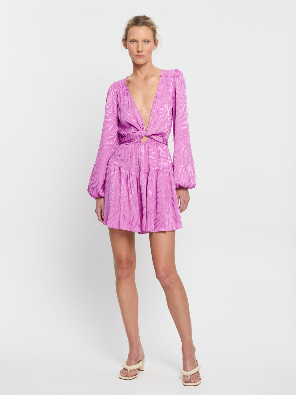Stela Tie Front Mini Dress KIVARI | Model wears pink zebra print mini dress