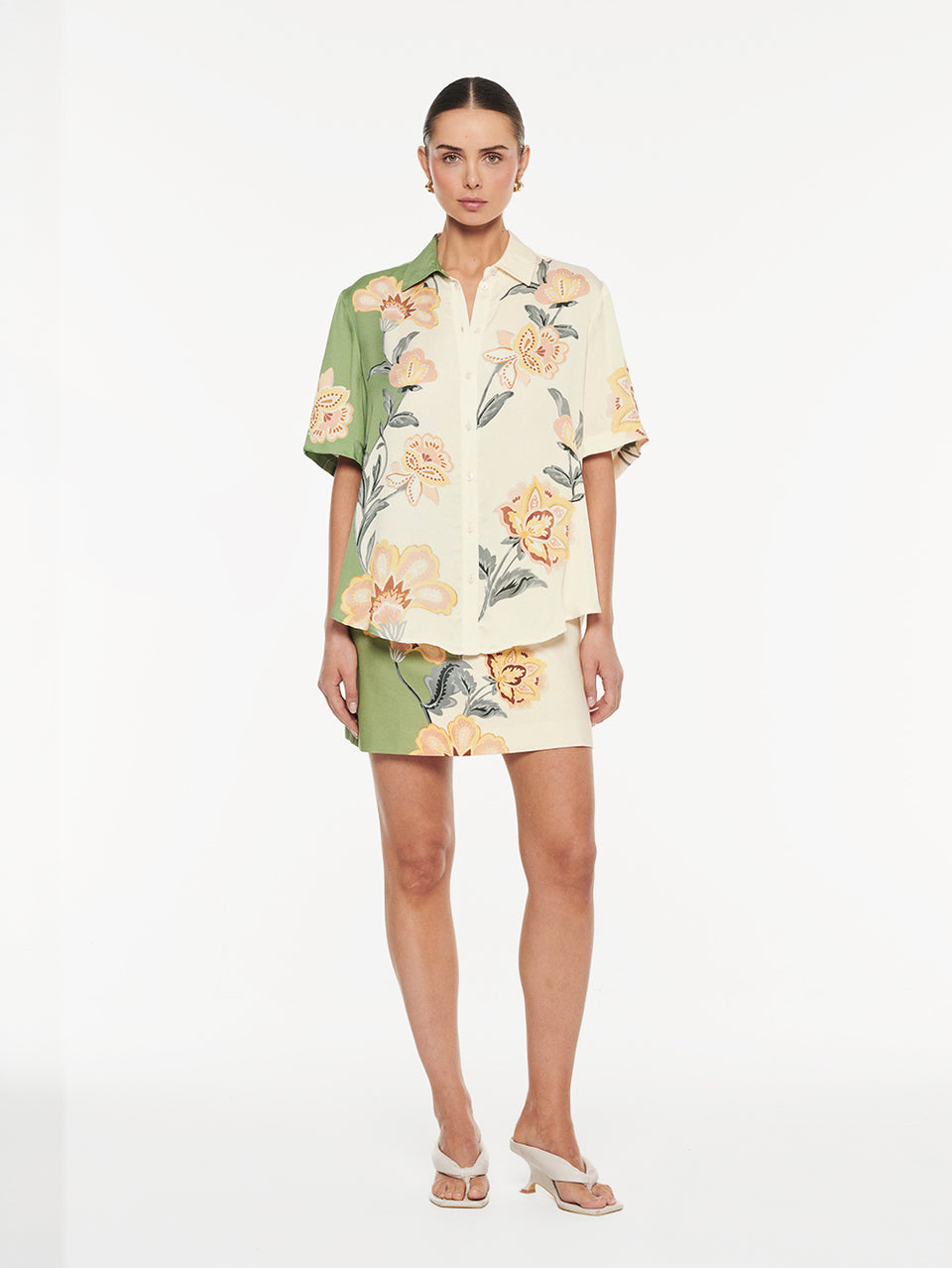 Lotte Shirt in Green Cream, matching floral print shirt and mini skirt set