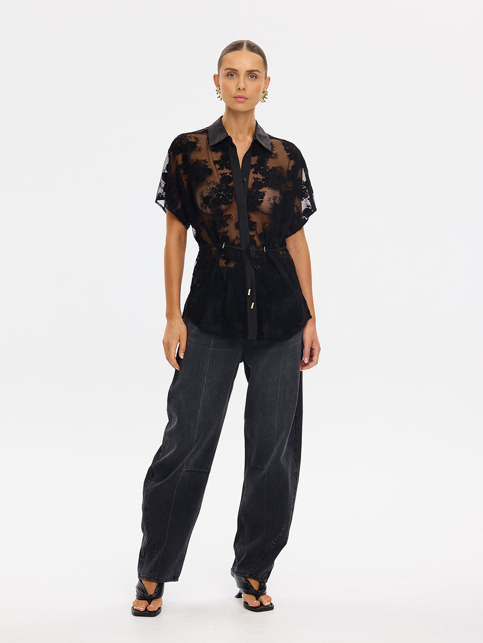 KIVARI Jaxon Lace Shirt in Black, styled with wide-leg trousers