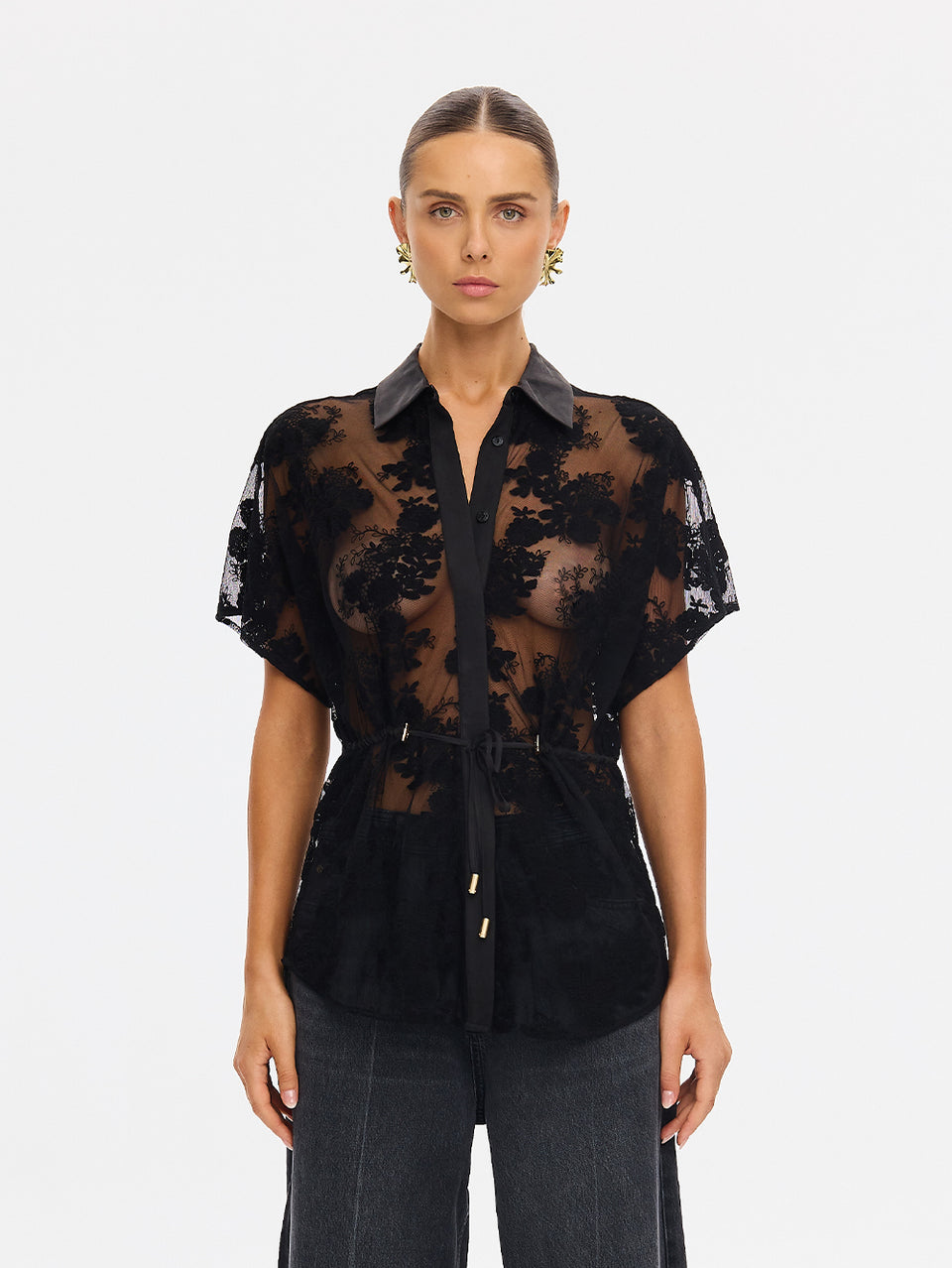 KIVARI Jaxon Lace Shirt in Black, styled with grey trousers