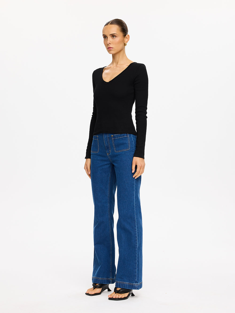 Tallulah V Neck Top - Black | Black Long Sleeve Rib Top – KIVARI