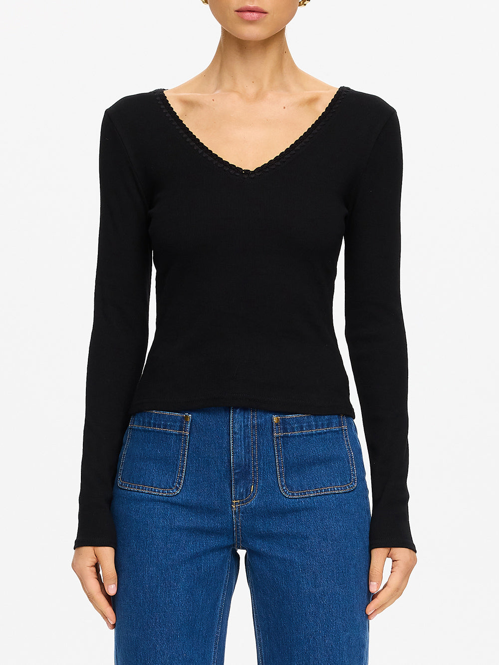 Tallulah V Neck Top - Black | Black Long Sleeve Rib Top – KIVARI