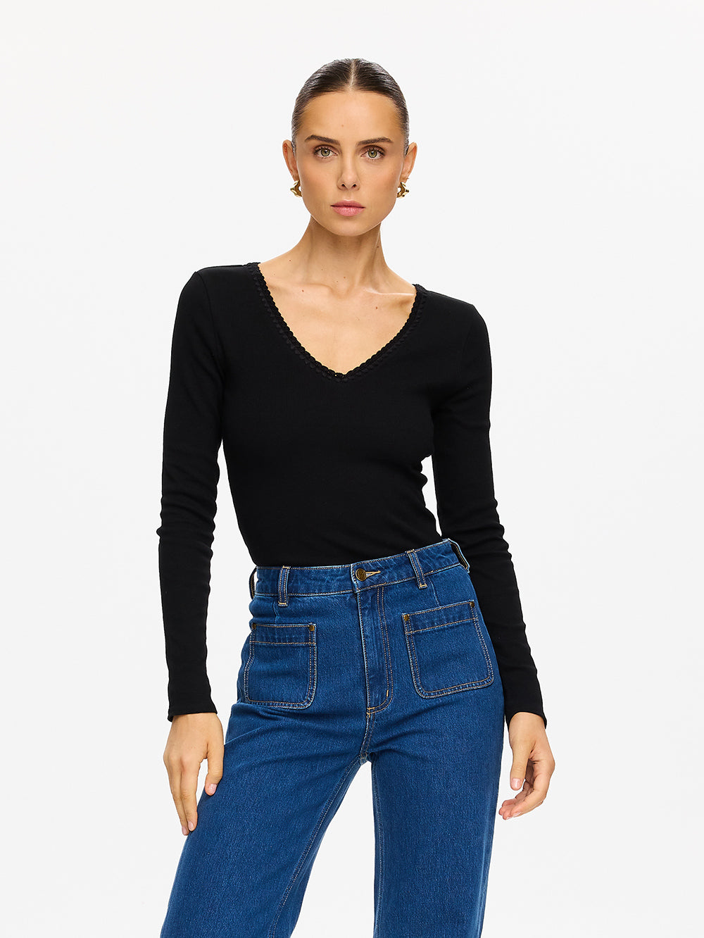Tallulah V Neck Top - Black | Black Long Sleeve Rib Top – KIVARI