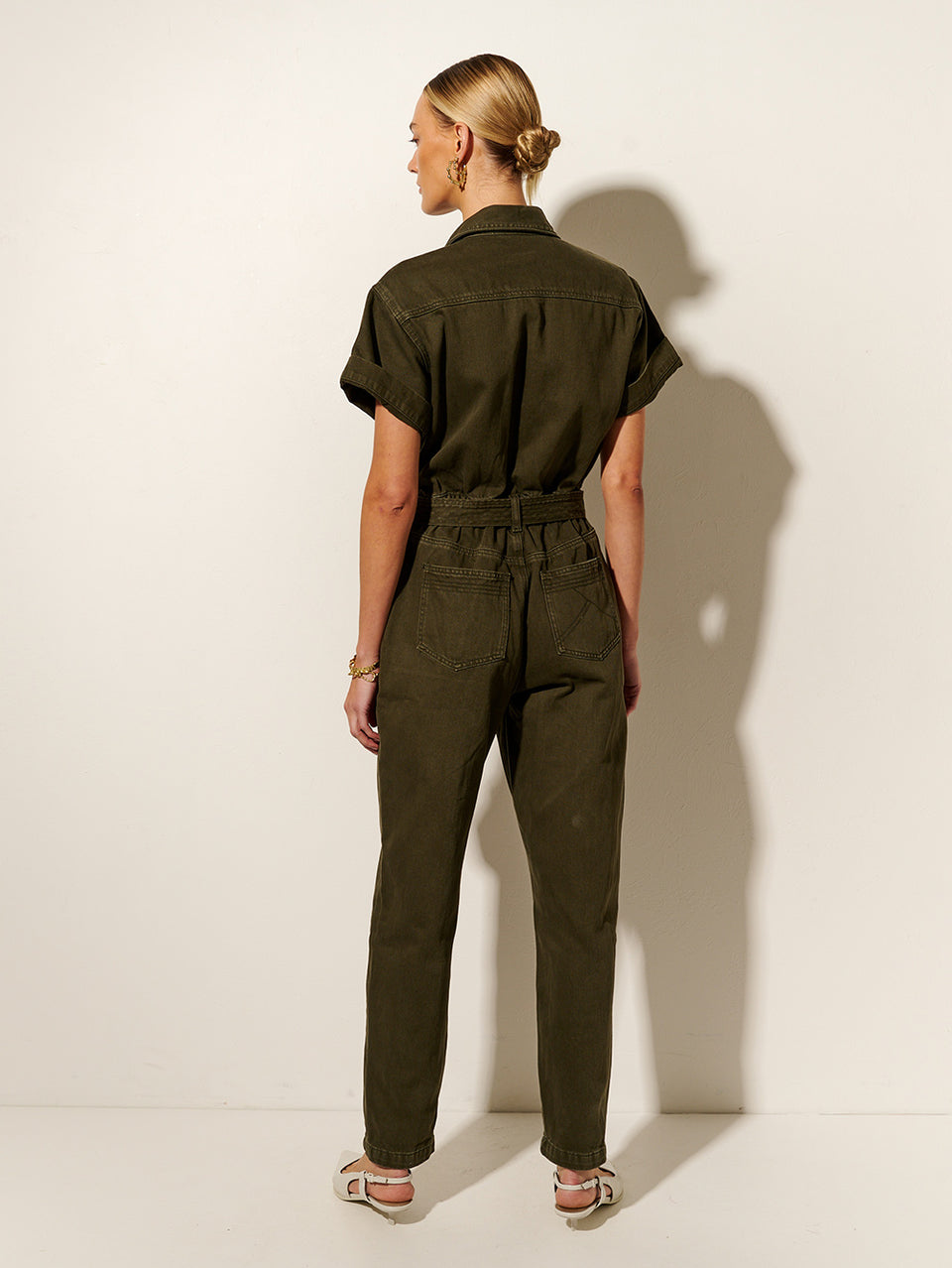 KIVARI Tahlia Boilersuit | Model wears Dark Khaki Boilersuit Back View