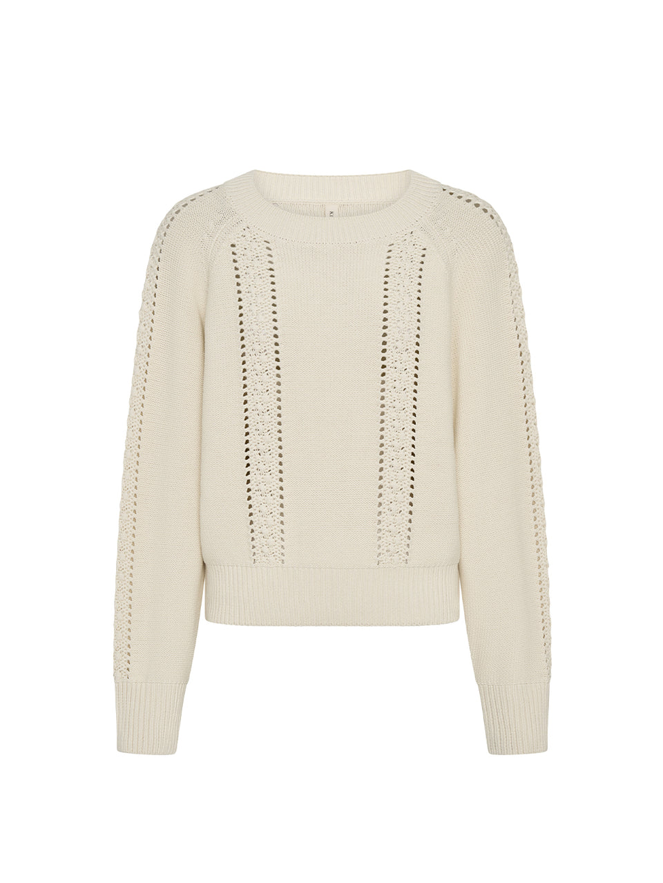 Beige sweater with intricate knit detailing on a white background