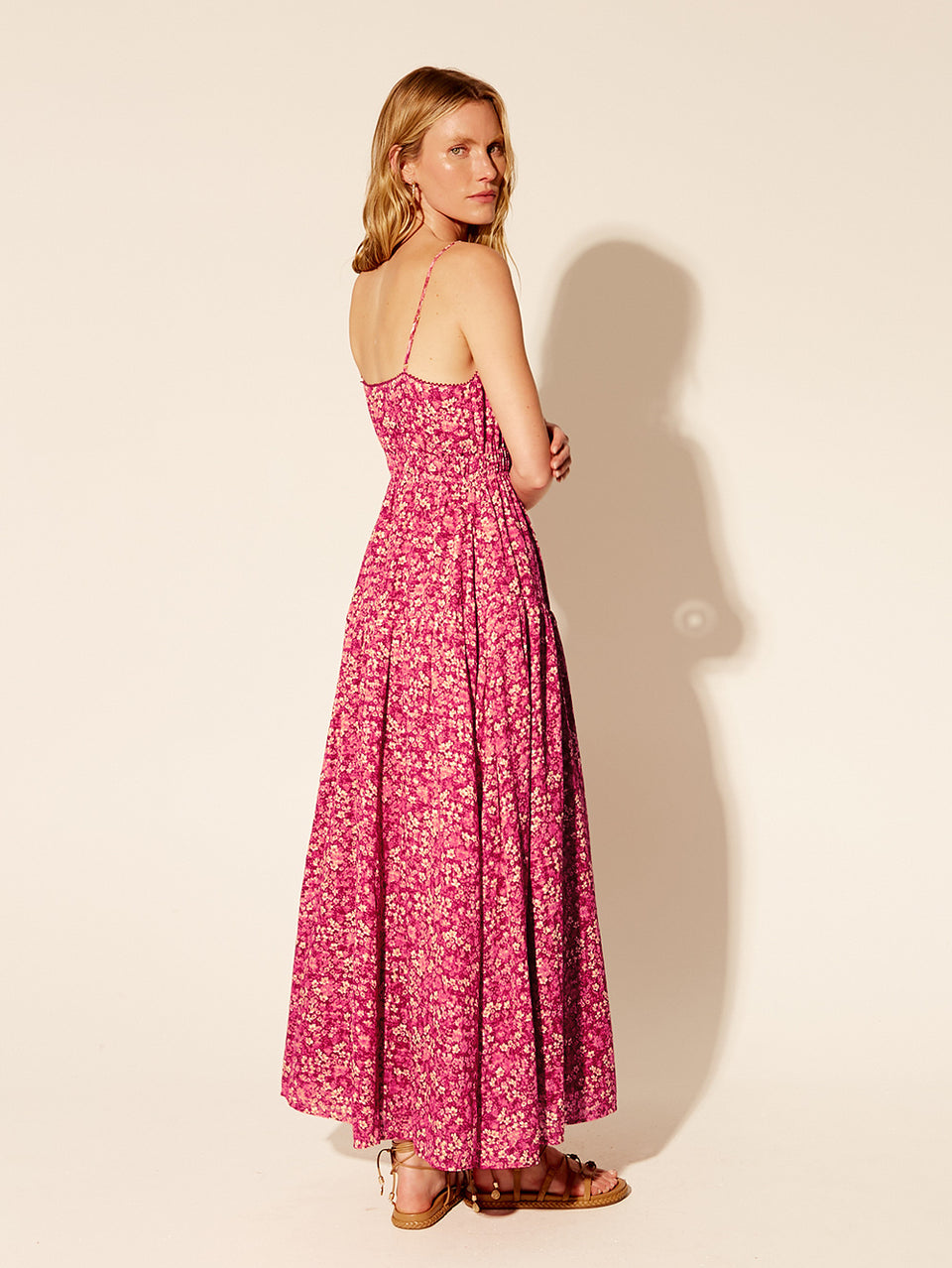 Tamara Maxi Dress KIVARI | Model wears pink floral maxi dress side and back view