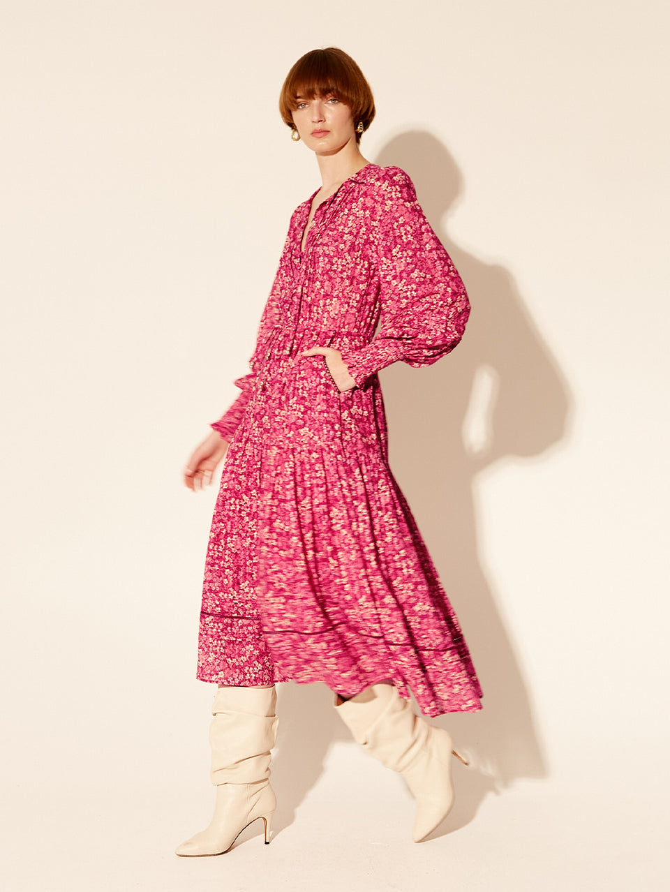 Tamara Midi Dress KIVARI | Model wears pink floral long sleeve midi dress side view