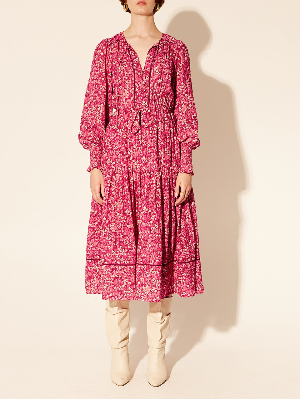 Tamara Midi Dress KIVARI | Model wears pink floral long sleeve midi dress