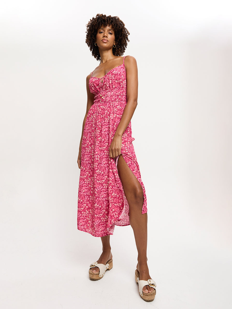Tamara Strappy Midi Dress KIVARI | Model wears pink floral midi dress