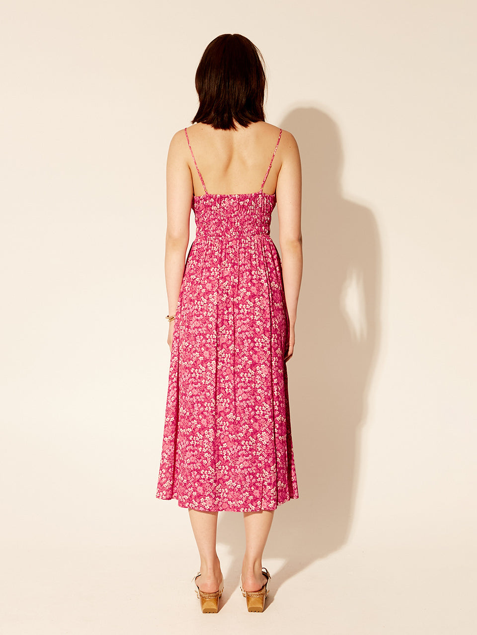 Tamara Strappy Midi Dress KIVARI | Model wears pink floral strappy midi dress back view