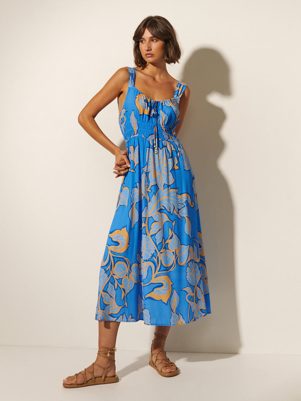 Taniana Midi Dress KIVARI | Model wears blue and orange floral midi dress