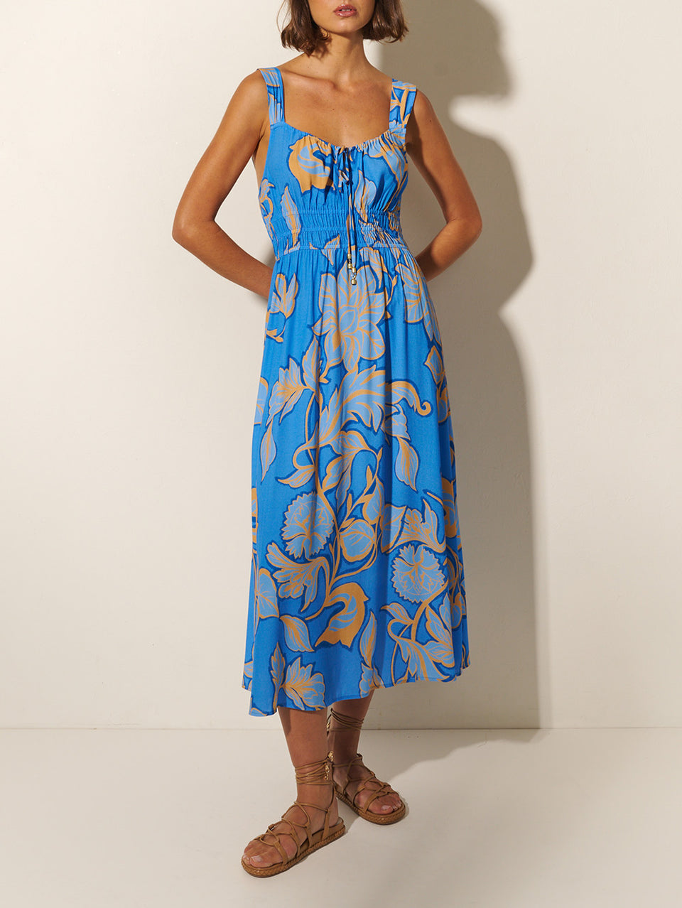 Taniana Midi Dress KIVARI | Model wears blue and orange floral midi dress