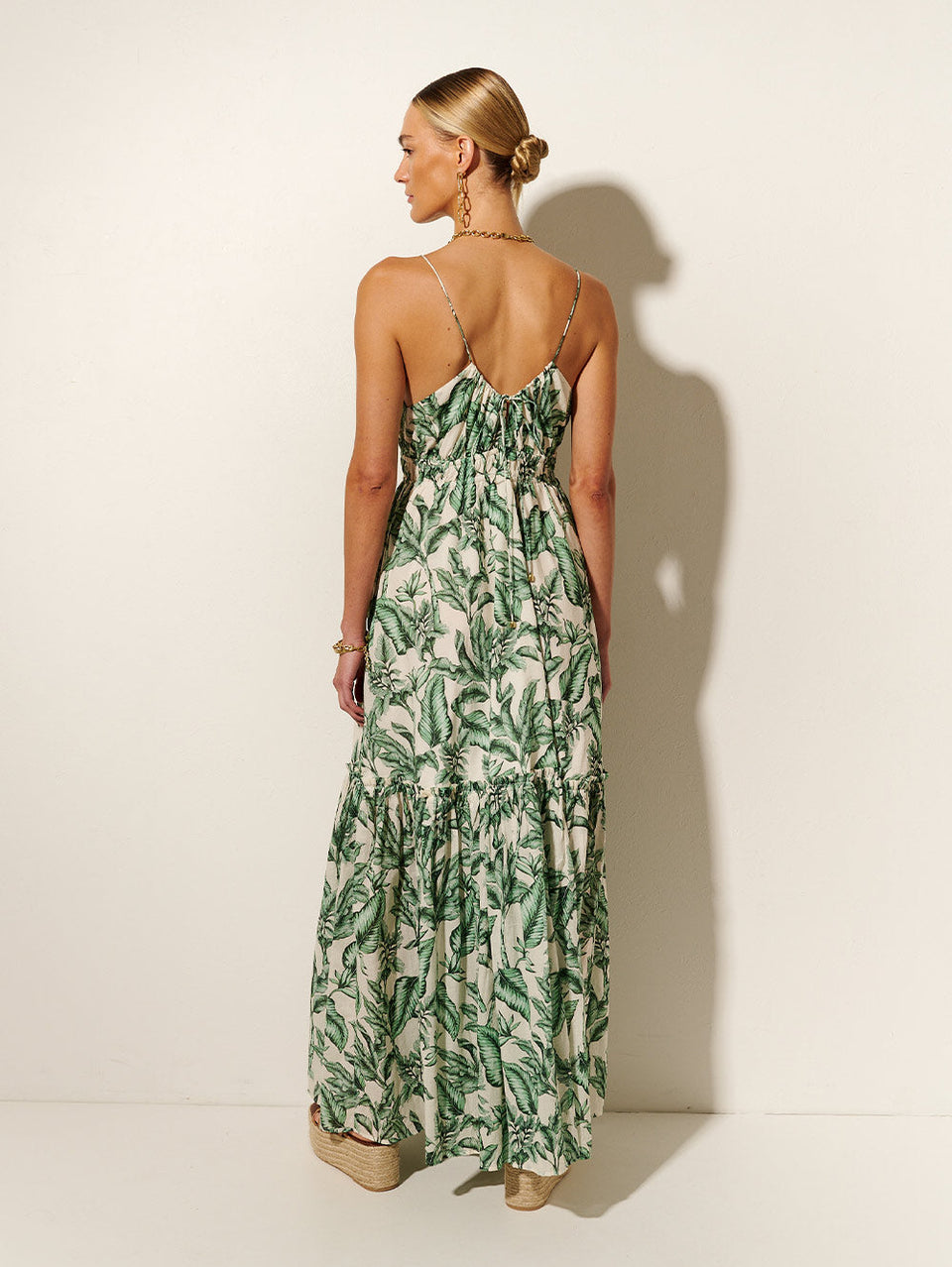 Tropico Maxi Dress KIVARI | Model wears palm leaf printed maxi dress back view