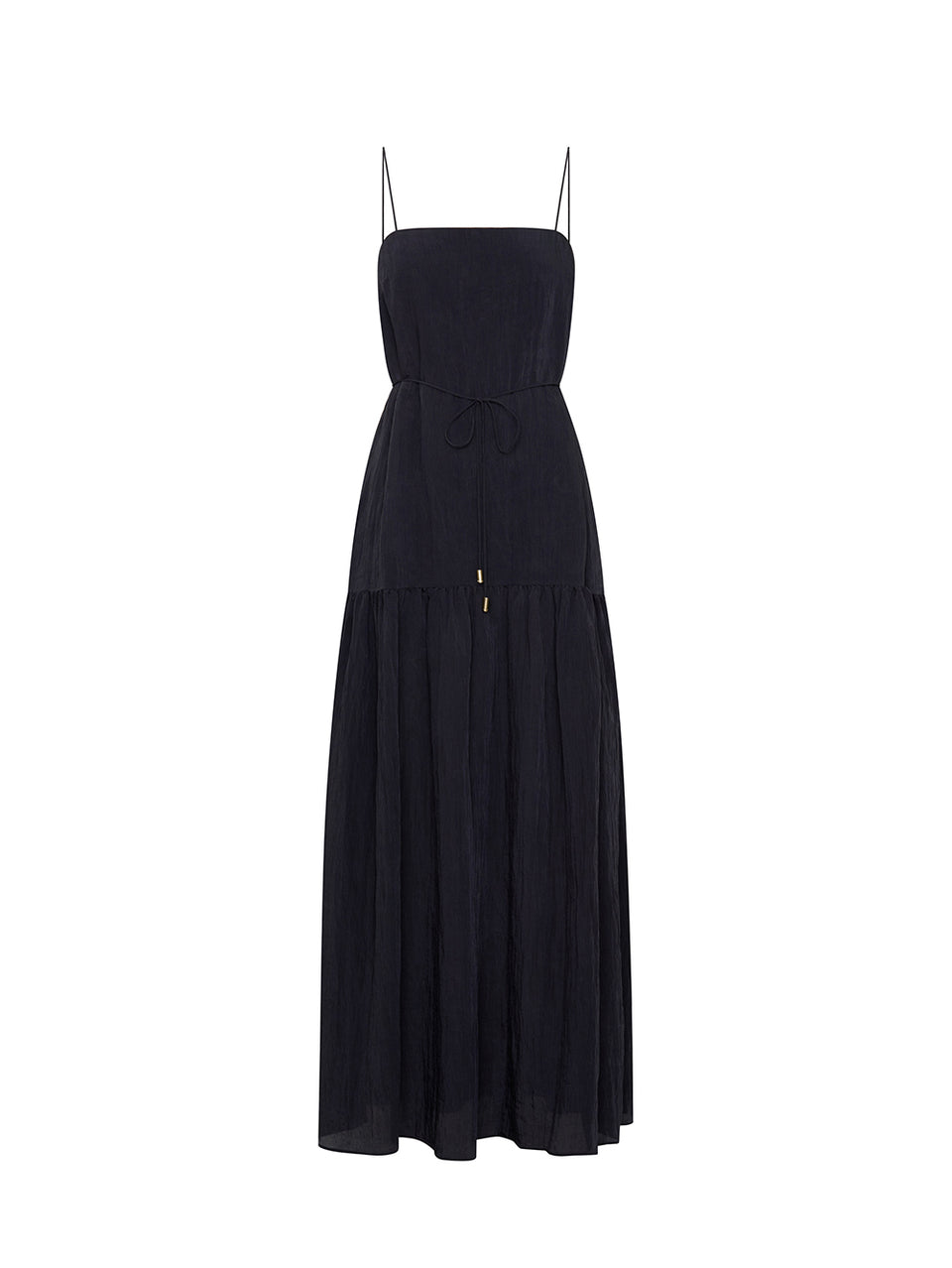 KIVARI Umi Maxi Dress in Black – flat lay product shot of women's black spaghetti strap tiered maxi dress