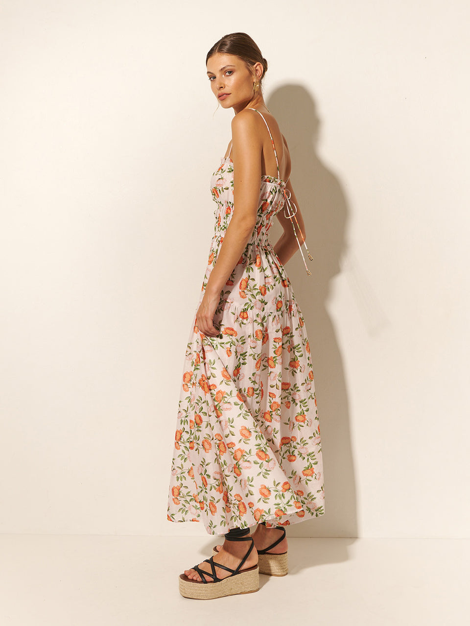 KIVARI Varenna Maxi Dress | Model wears Pink, Orange and Green Maxi Dress Side View