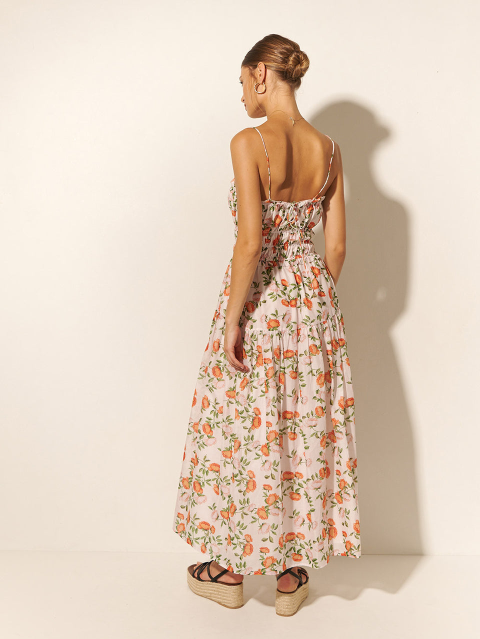KIVARI Varenna Maxi Dress | Model wears Pink, Orange and Green Maxi Dress Back View