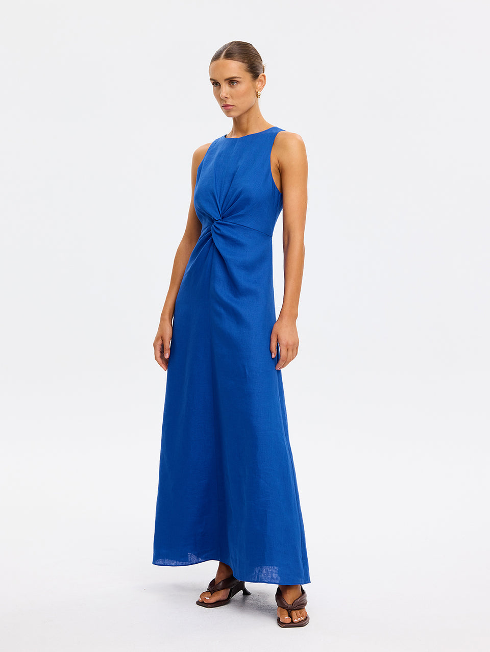 Woman wearing blue maxi dress
