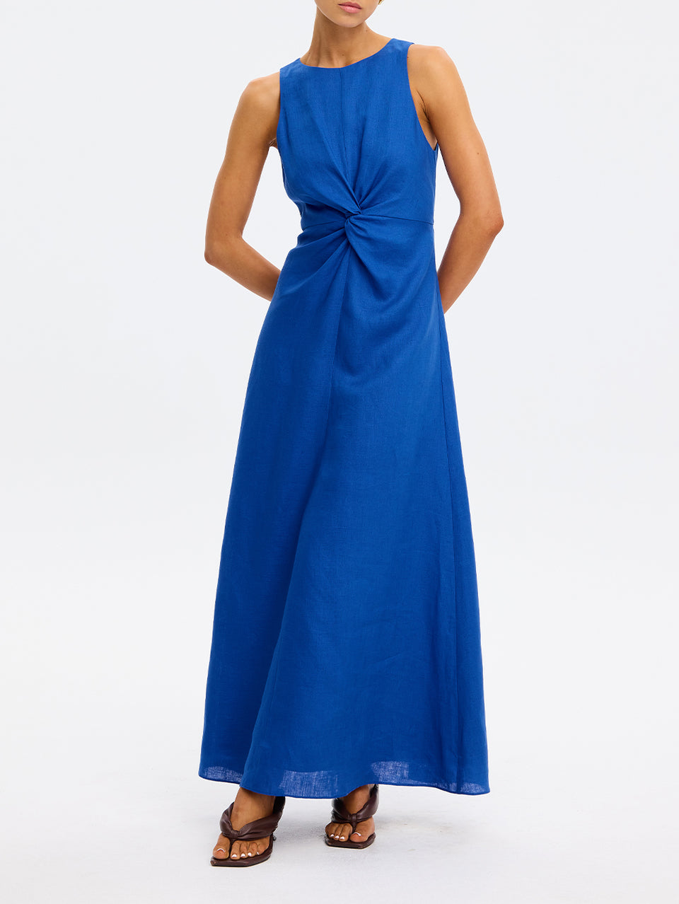 Woman wearing blue maxi dress