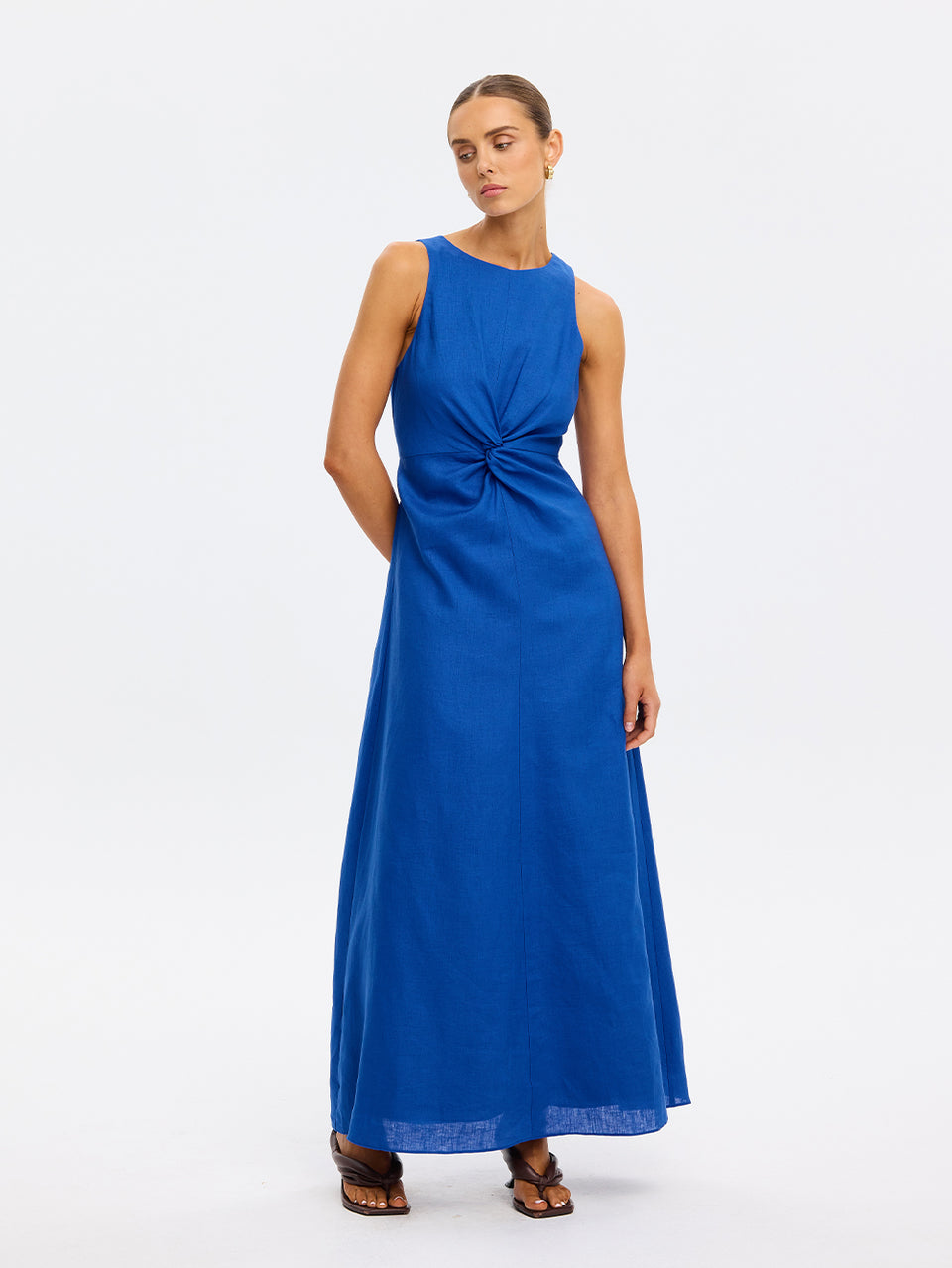 Woman wearing blue maxi dress