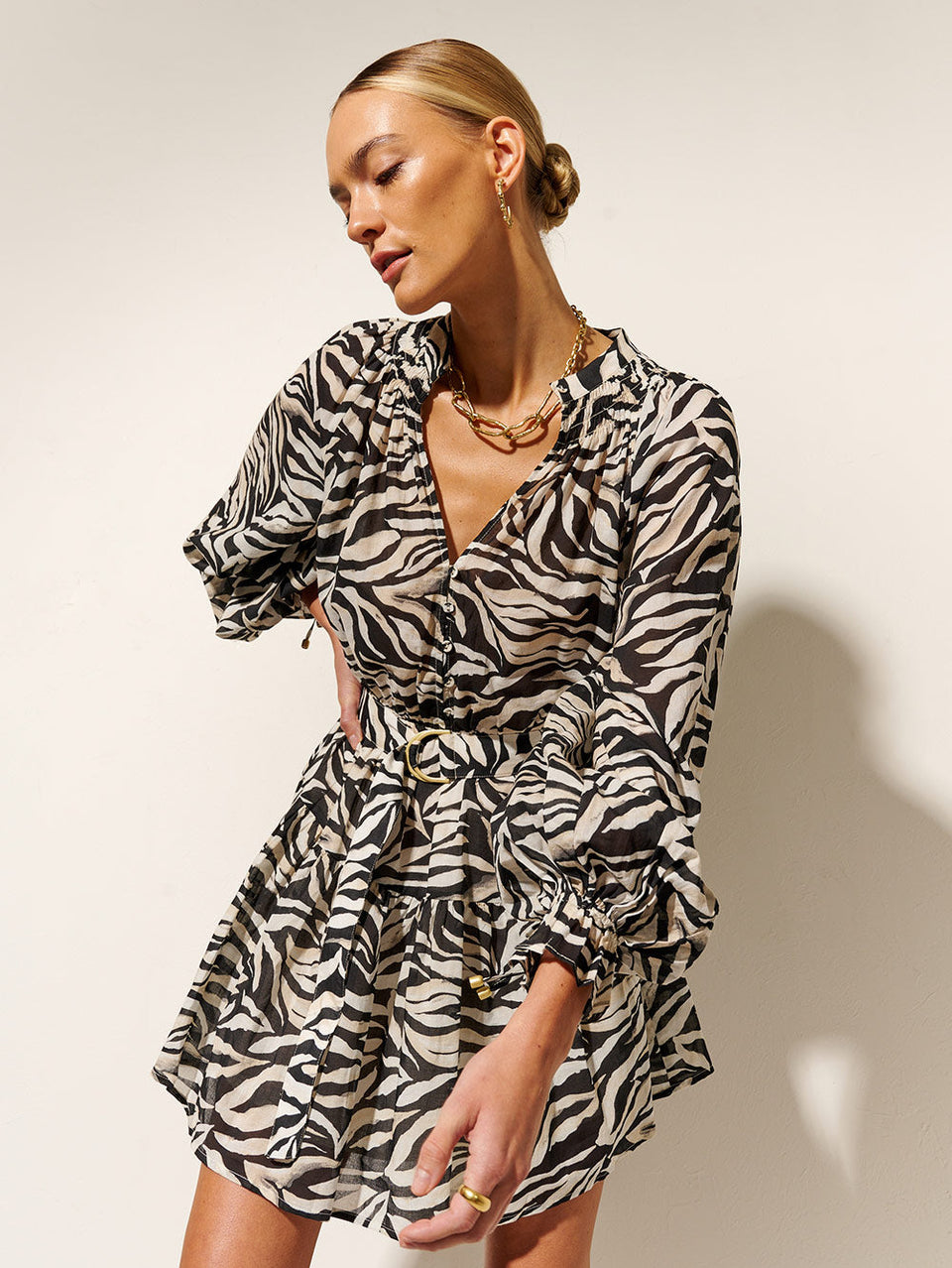 Zenya Mini Dress KIVARI | Model wears Zebra print mini dress